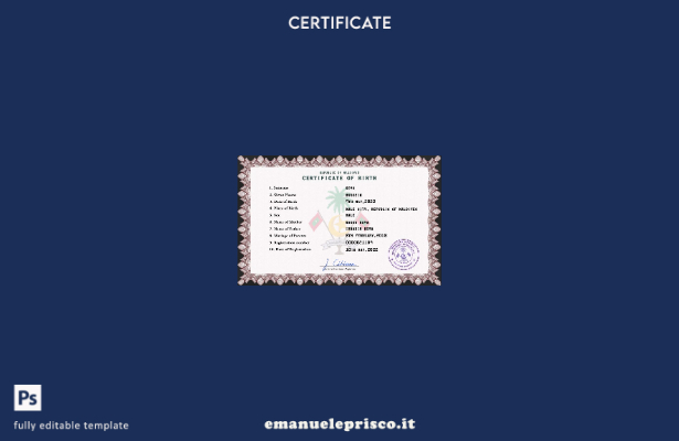 modello PSD del certificato di nascita dei documenti di stato civile delle Maldi